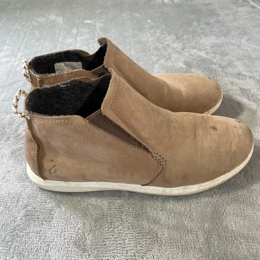 Olukai Boots Shoes Womens 6.5 Brown Hawaiiloa Manu Hope Leather Slip-On‎